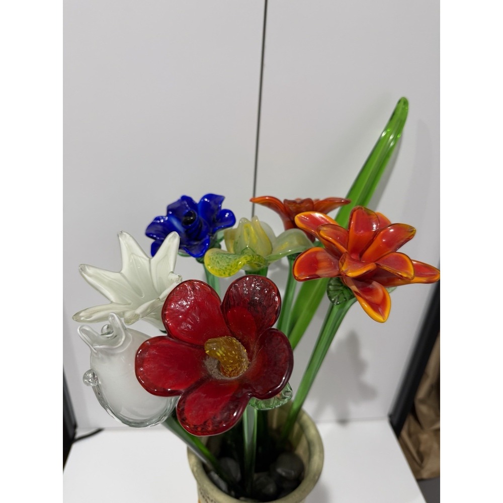 Vtg Hand Blown Art Glass Flowers 8 Pieces 7.75" Tall Rose Bud Sunflower Lily